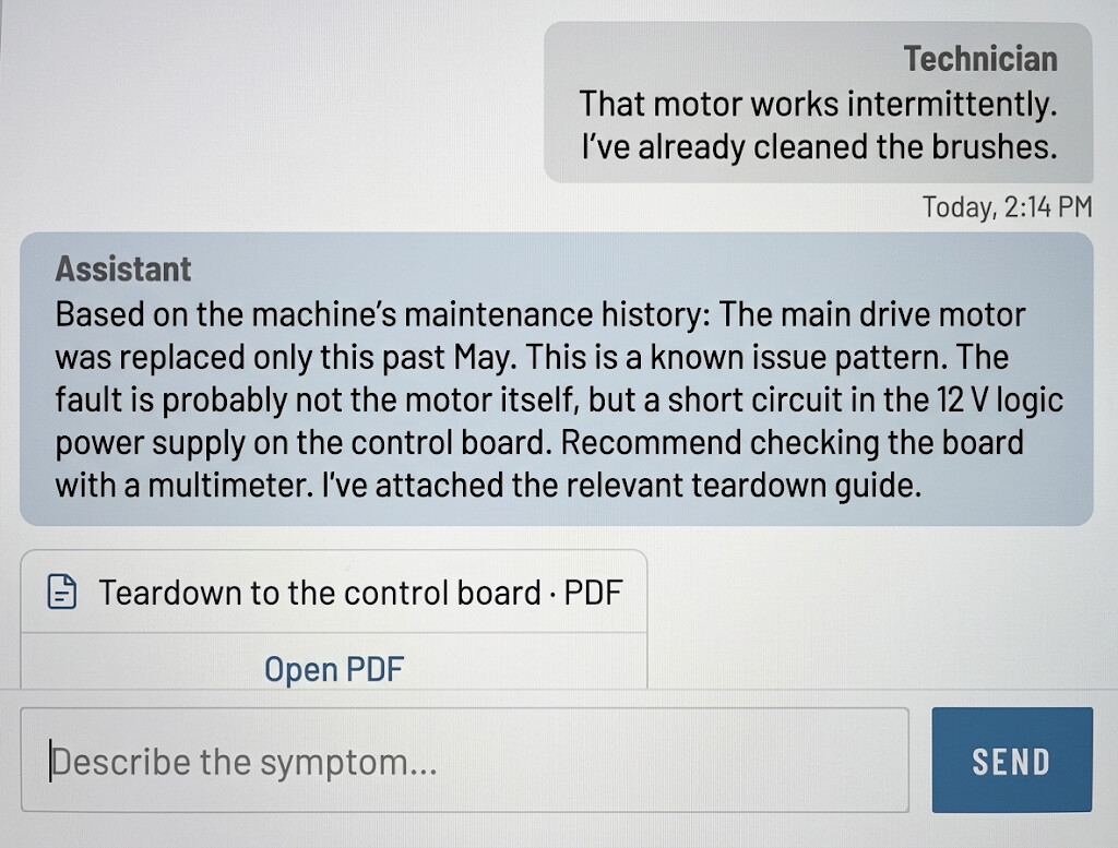 Assistant on a technician's handheld: the technician reports an intermittent motor and cleaned brushes; the assistant cites the machine's maintenance history, points to a short circuit in the 12 V logic supply on the control board, and attaches the teardown guide.