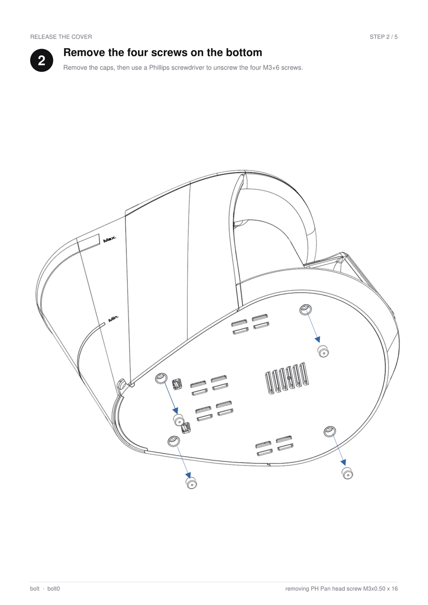 Generated instruction page, step 2 of 5: remove the four screws on the bottom, with a blue leader arrow drawn to each of the four screw positions.