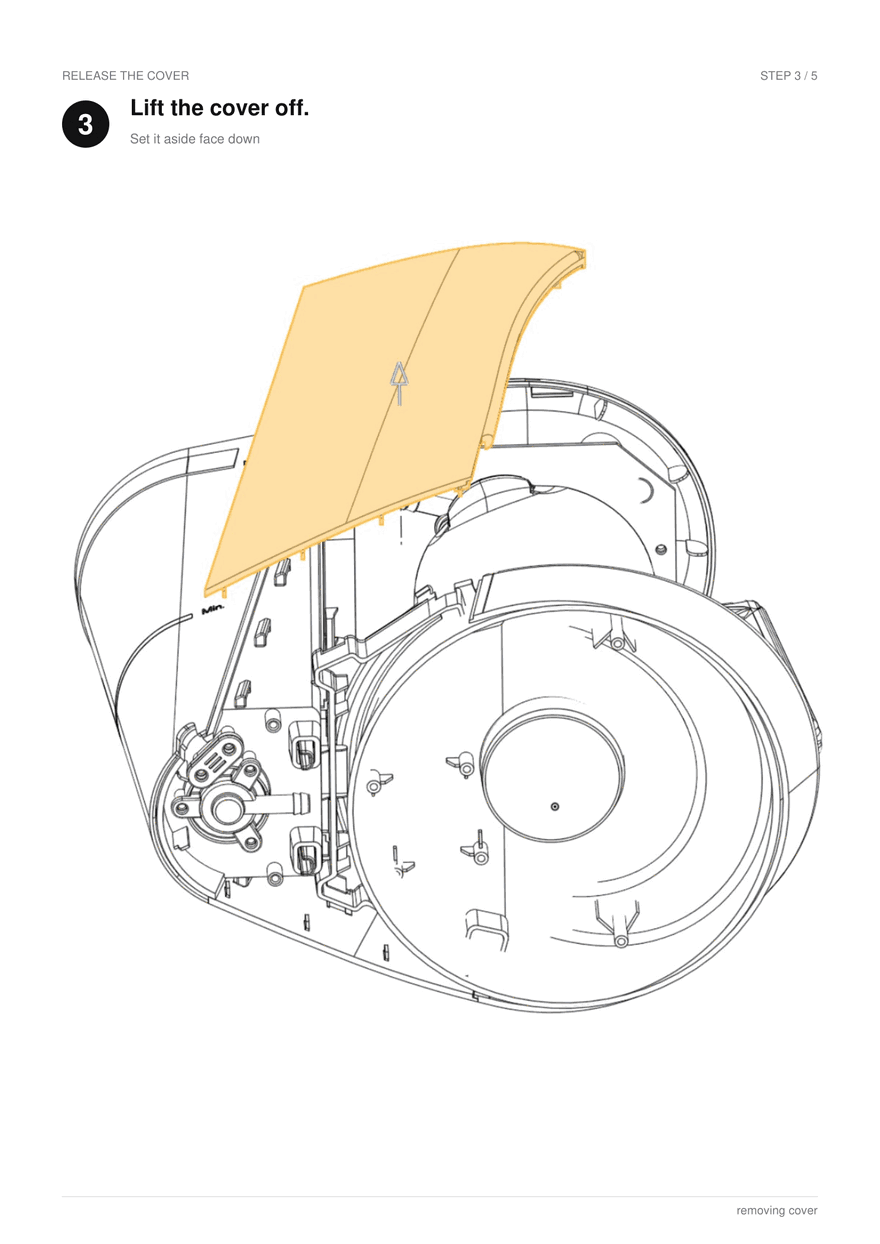 Generated instruction page, step 3 of 5: lift the cover off, with the cover highlighted in amber and an arrow showing the direction of motion.