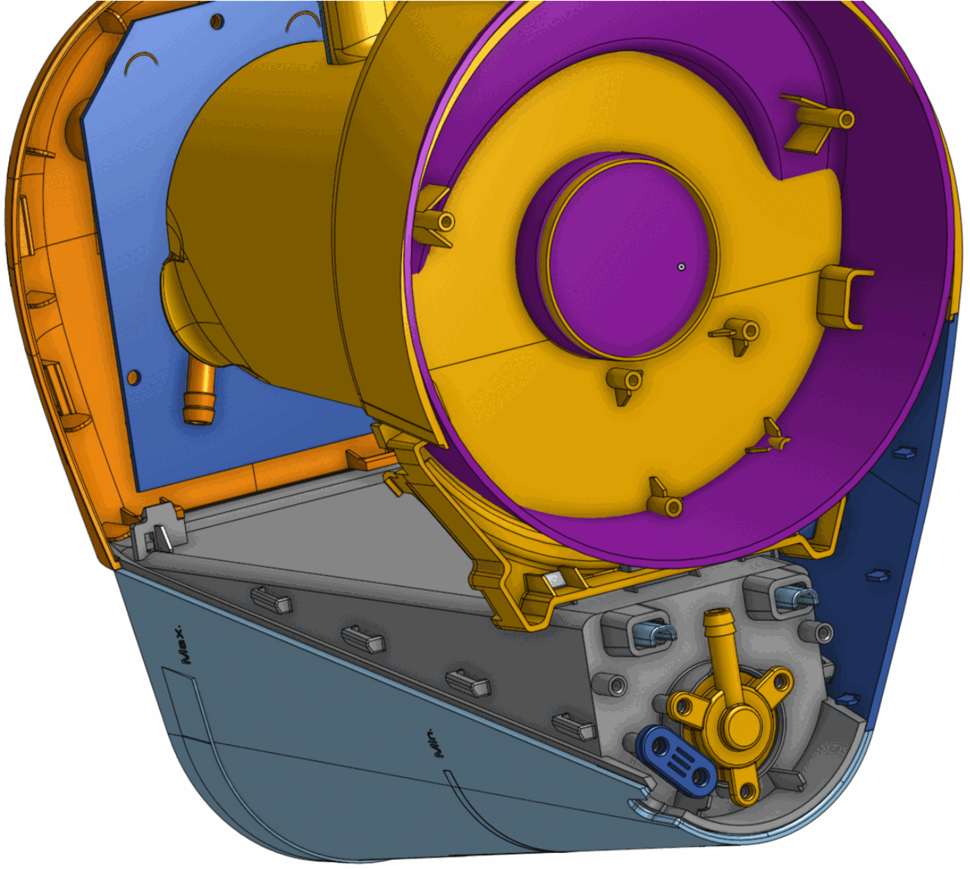 Cutaway CAD render of a machine assembly showing the motor, fan housing and pump.
