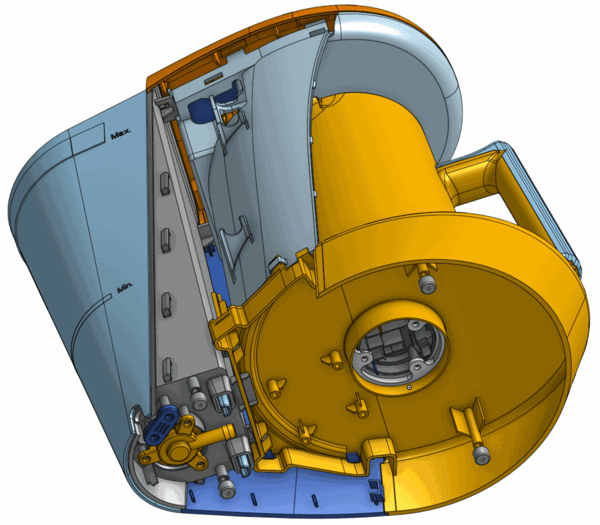 Interactive 3D viewport: a shaded cutaway of the machine showing the fan drum, tank and pump, with the pump picked out as the selected part.